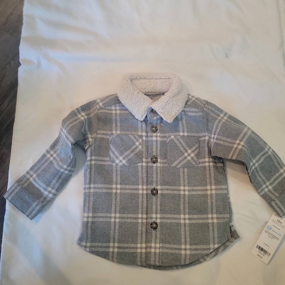 Carters Boys Grey White Plaid Flannel Shirt Sherpa Collar 12M New‎